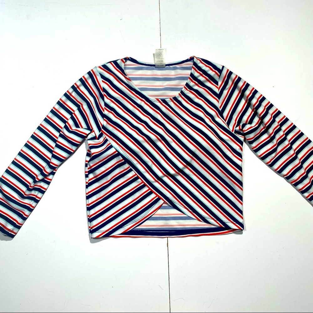 Coco Cabana White Red &‎ Blue Striped Crisscross Long Sleeve Swim Top Swim XL